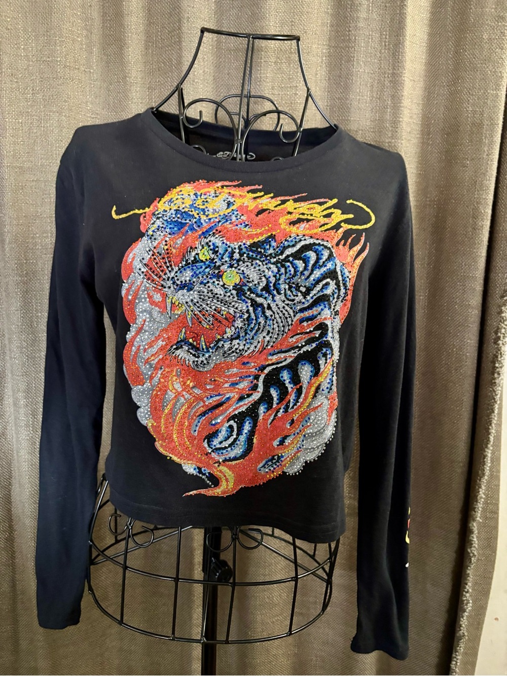 Ed Hardy Black Long-Sleeve Tiger Flame Rhinestone Tee